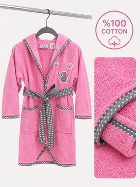 Kids Pink Bathrobe 100% Cotton Hooded Elephant Soft Robe 4-6 Years
